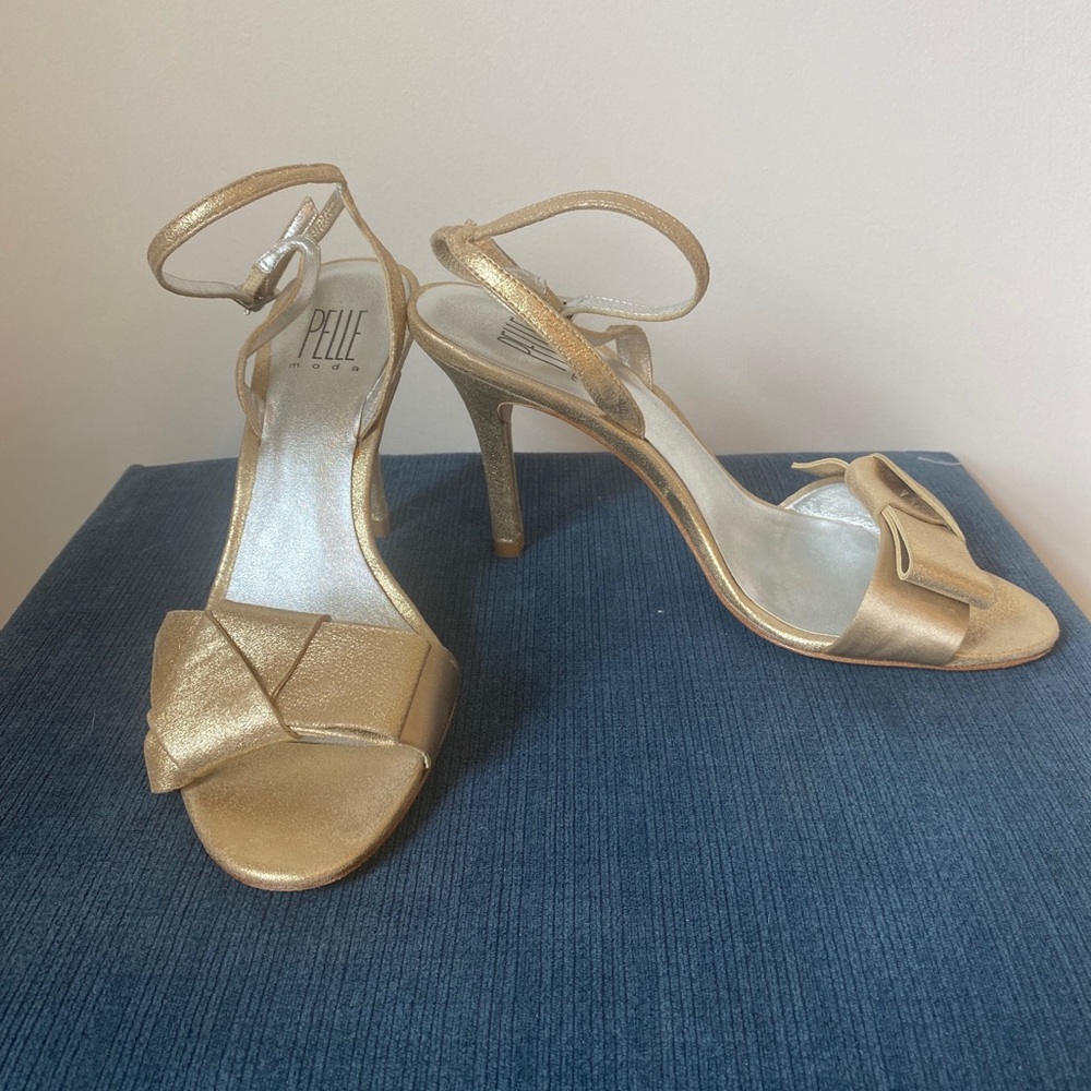 Pelle Moda gold ankle strap high heel sandals
